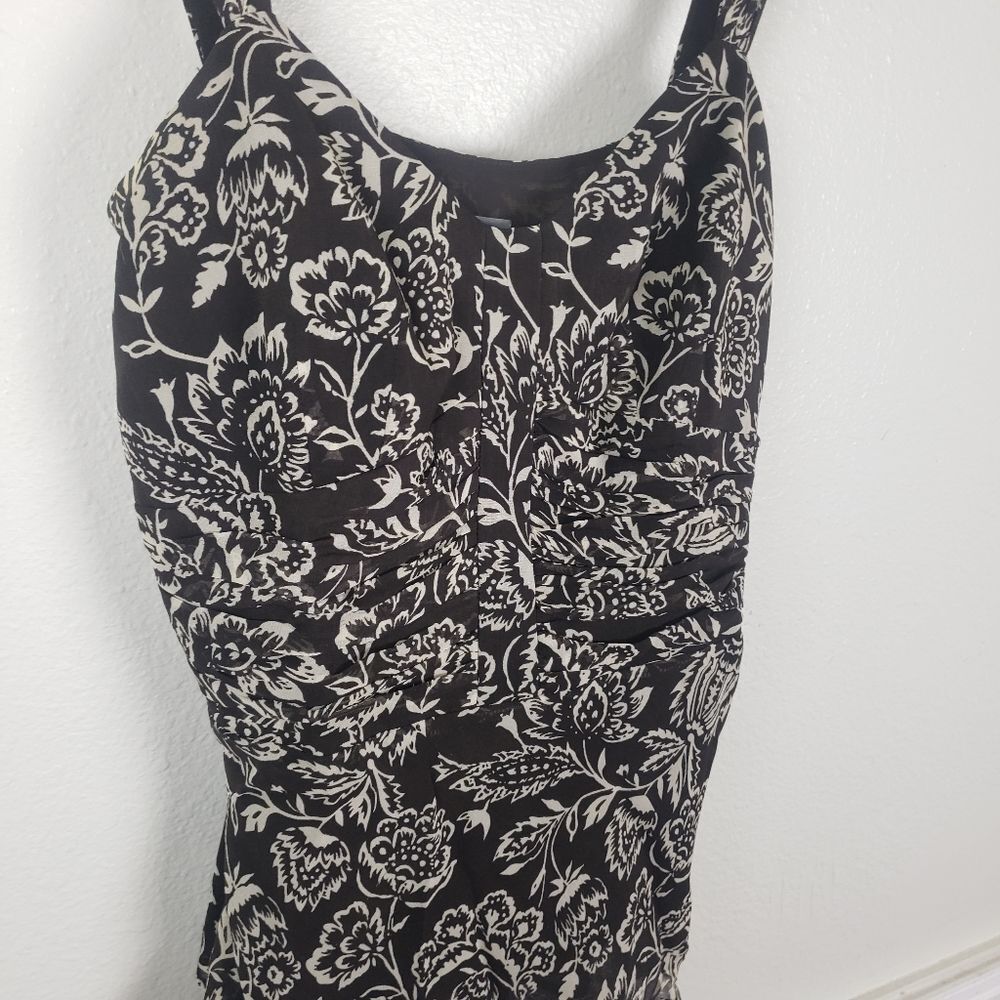 Women's Ann Taylor Brown Chiffon Floral Ruched Business Casual Attire Size 02 - Picture 2 of 11